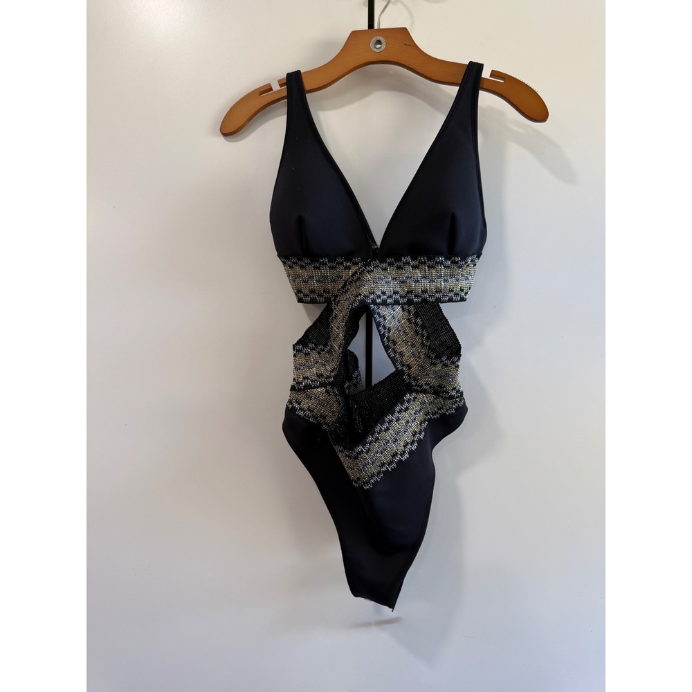 Black Metallic Chevron Cutout Monokini One Piece Swimsuit Gold Silver Trim